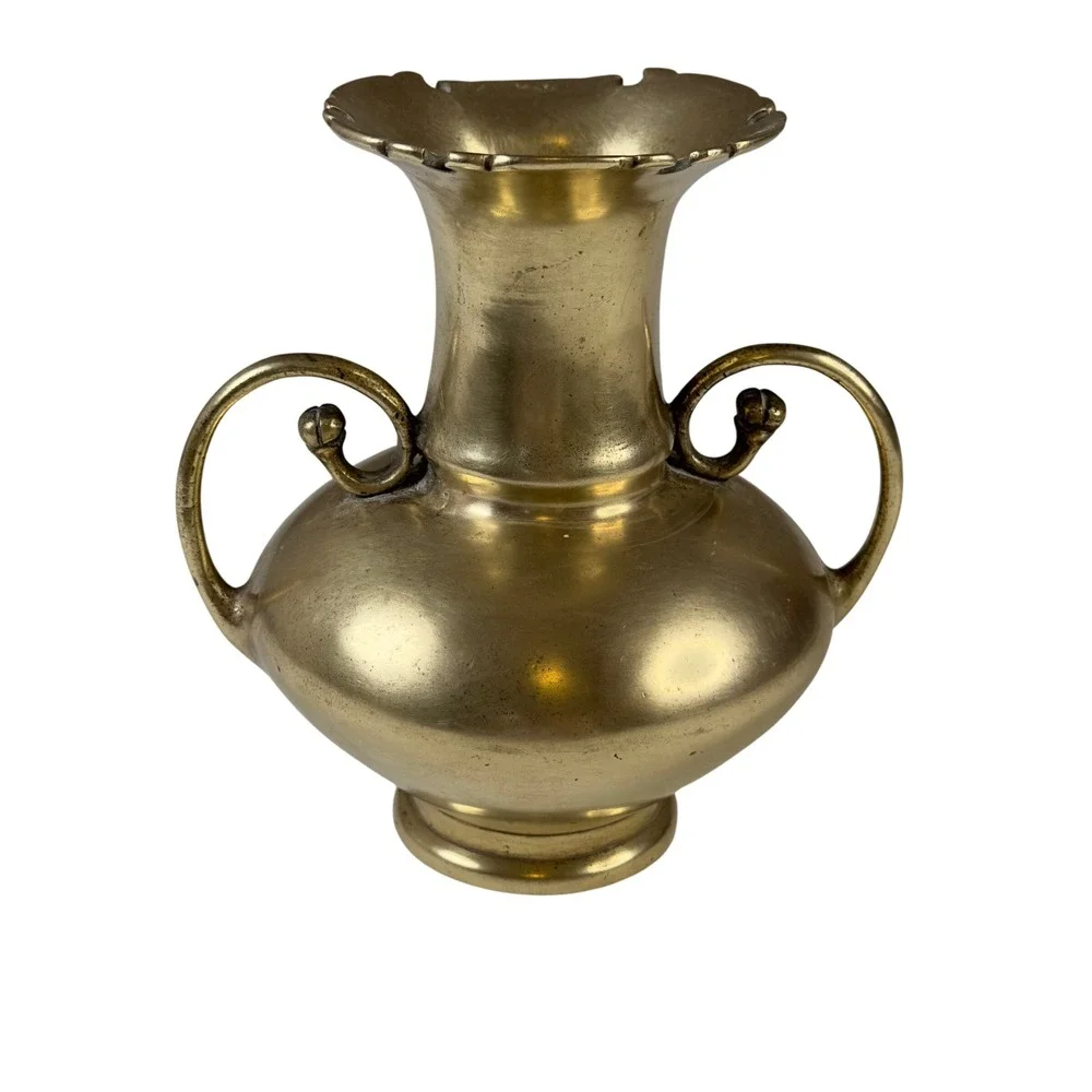 Antique Brass Vase Small Double Handle Ornate Rim Pedestal Base